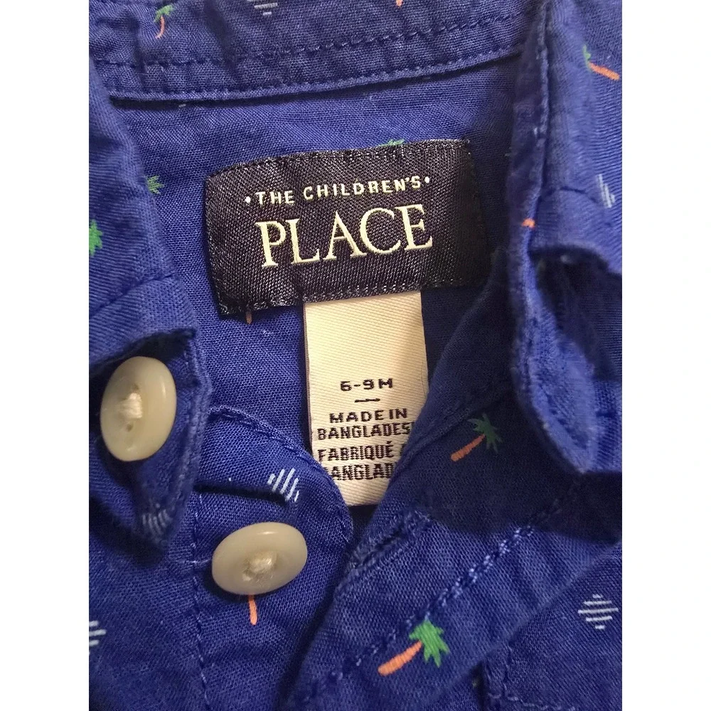 The Childrens Place Boys Blue‎ Palm Tree Tropical Button Down Shirt 6-9M